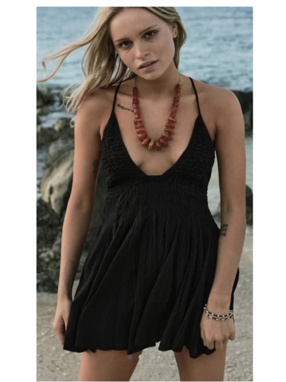 Free People Forever Favorite Mini Boho Dress Black XS